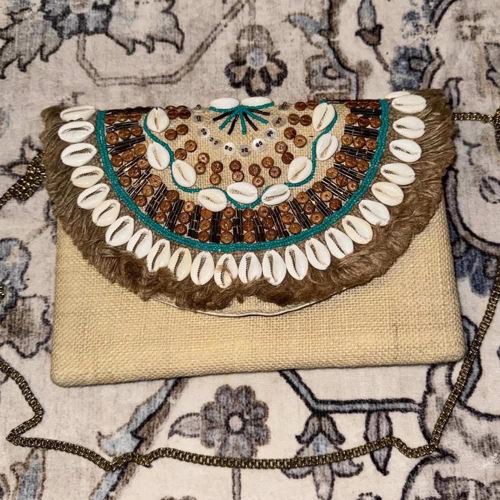 Embellished Beige Clutch with Shell Accents